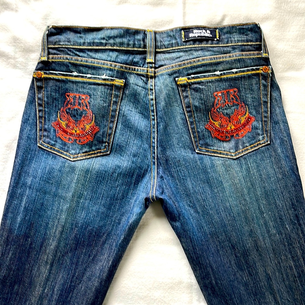 Rock & Republic premium denim with embroidered, red crystal beaded back pockets